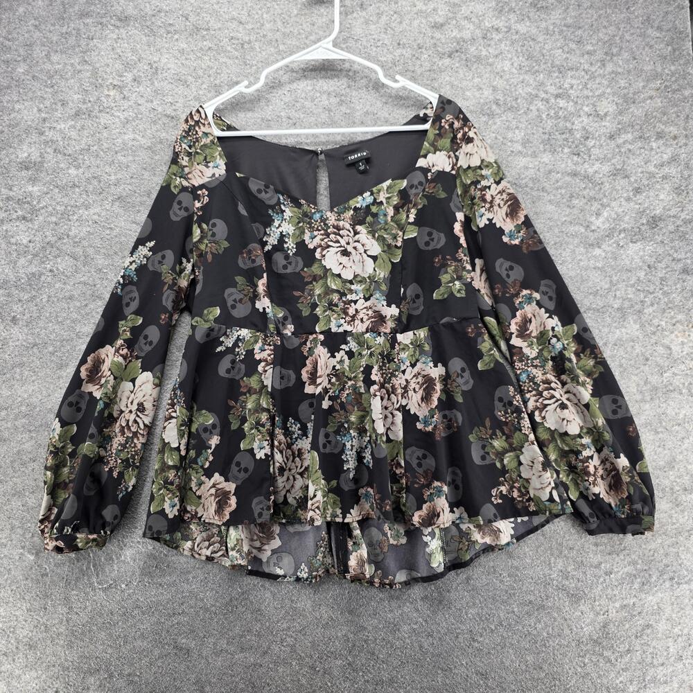 Torrid Blouse Tunic Womens 1 Black Floral Lined Stretch Button Ruffle Chiffon